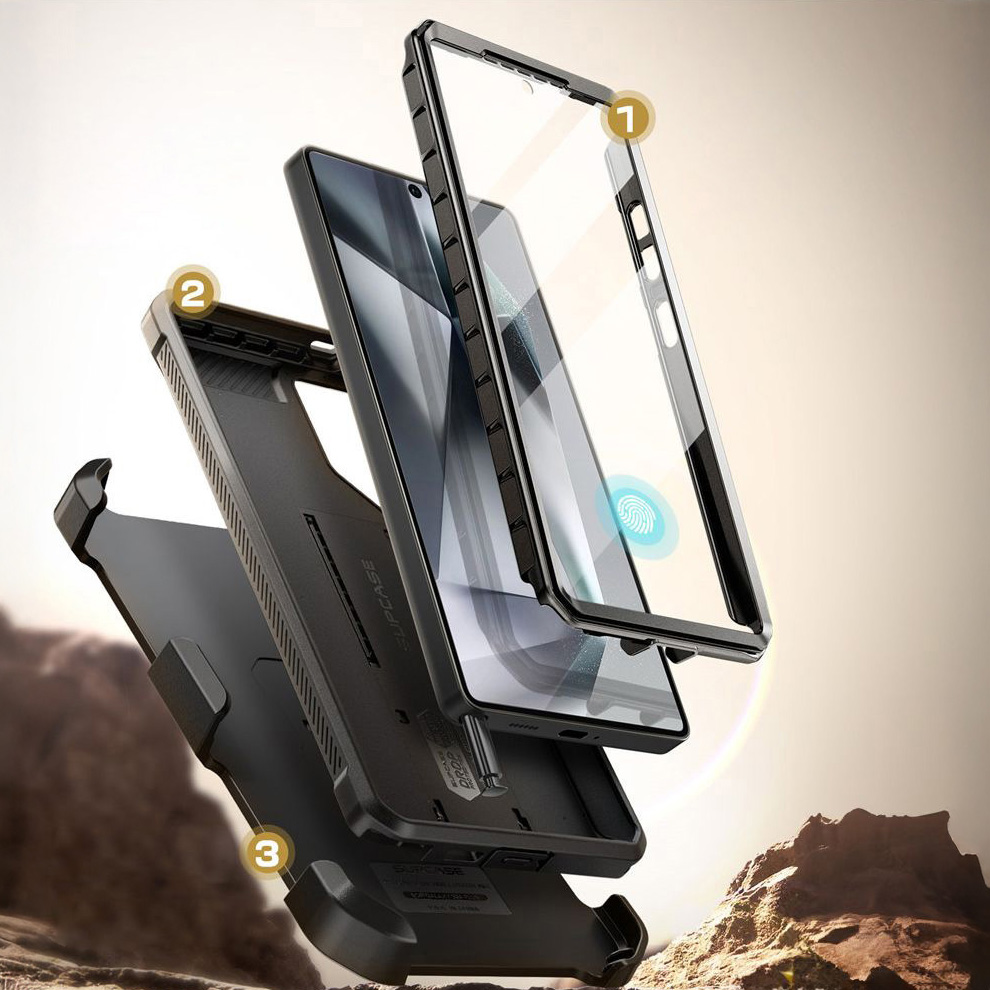 Etui pancerne z osłoną na ekran, z wbudowaną podstawką i kaburą z klipsem obrotowym Supcase Unicorn Beetle Pro do Galaxy S25 Ultra, czarne